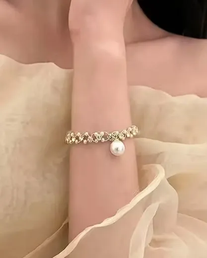 Miraclewood New Korean bracelet Peral with Diomand For Women And Girls Alloy Pearl, Cubic Zirconia, Diamond Gold-plated Bracelet