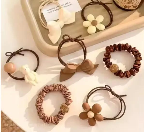 New buy Combo Of 7 Pcs Fashion Brown Bowknot Flower style Hair band Elastic hair Bands Cute Ponytail Rope for girls women Korean Cute Flower Bow Scrunchies Set Women