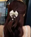 Unique store Metal Bow Style Cabinet Hair Claw/Cltucher/Clips for Women and Girls Korean Clips for Wedding (Hanging Pearl Bow Center Clip/Clutcher) Pack of 1